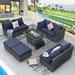 NICESOUL 9 Pcs Patio Wicker Furniture with Fire Pit Table Dark Gray/Navy