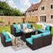 NICESOUL 7 Pcs Outdoor Wicker Furniture with Fire Pit Table Espresso/Aqua
