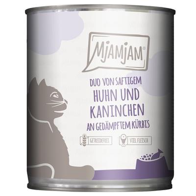 6x 800g MjAMjAM Duo saftiges Huhn & Kaninchen an gedämpftem Kürbis Katzenfutter nass