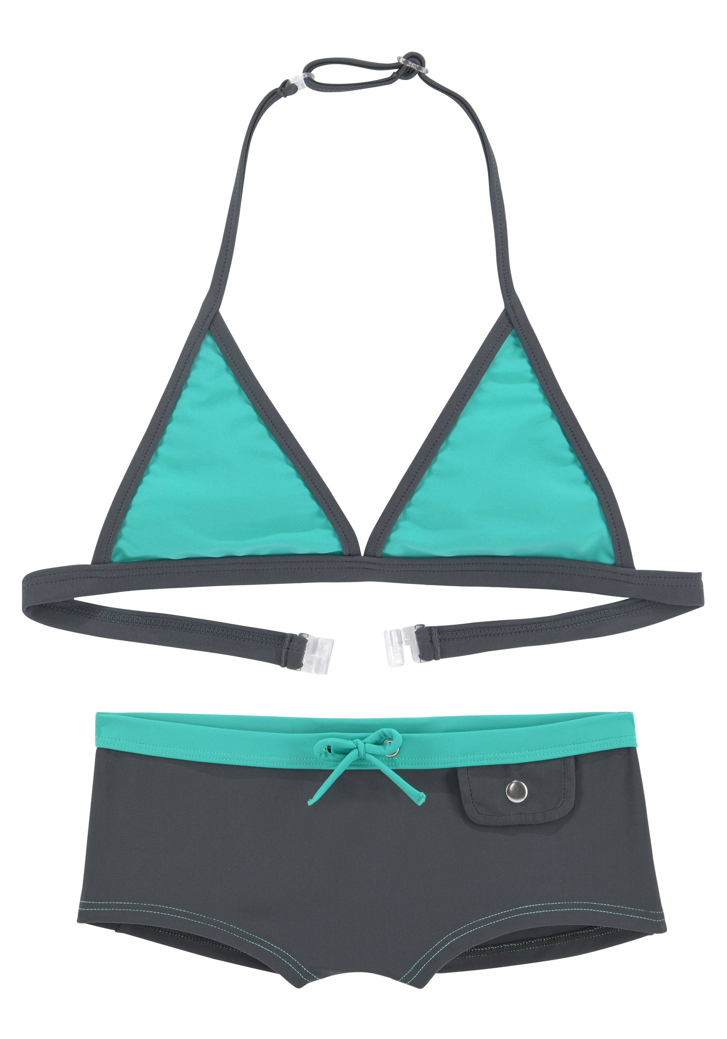 Triangel-Bikini BUFFALO, Kinder, Gr. 134/140, N-Gr, blau (grau, türkis), Polyamid, kontrastfarbene Details, Bikini-Sets, mit trendiger Hotpants Image
