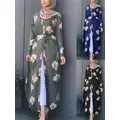 Abaya-Robe longue à imprimé floral pour femmes manches longues style islamique décontracté