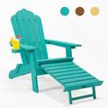 Outdoor Folding Chair with Pullout Ottoman and Cup Holder Weather Resistant Adirondack Chair Poly Lumber Lawn Outdoor Fire Pit Chairs for Patio Deck Garden Backyard
