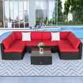 Kinbor 7pcs Outdoor Patio Furniture Set Wicker Sectional Sofa Conversation Chair Sofa Set with Cushions Red