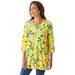 Plus Size Women's Perfect Printed Three-Quarter-Sleeve V-Neck Tunic by Woman Within in Primrose Yellow Painterly Bloom (Size 38/40)