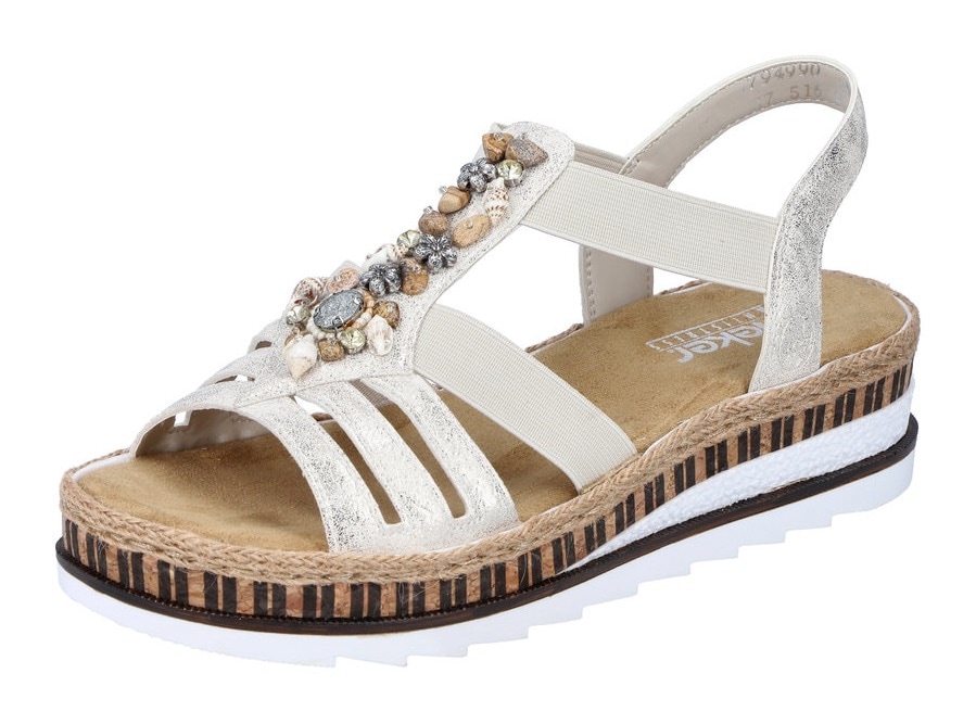 Sandale RIEKER, Damen, Gr. 41, gold (goldfarben), Lederimitat, Schuhe Sandale, Sommerschuh, Sandalette, Keilabsatz, im Metallic-Look