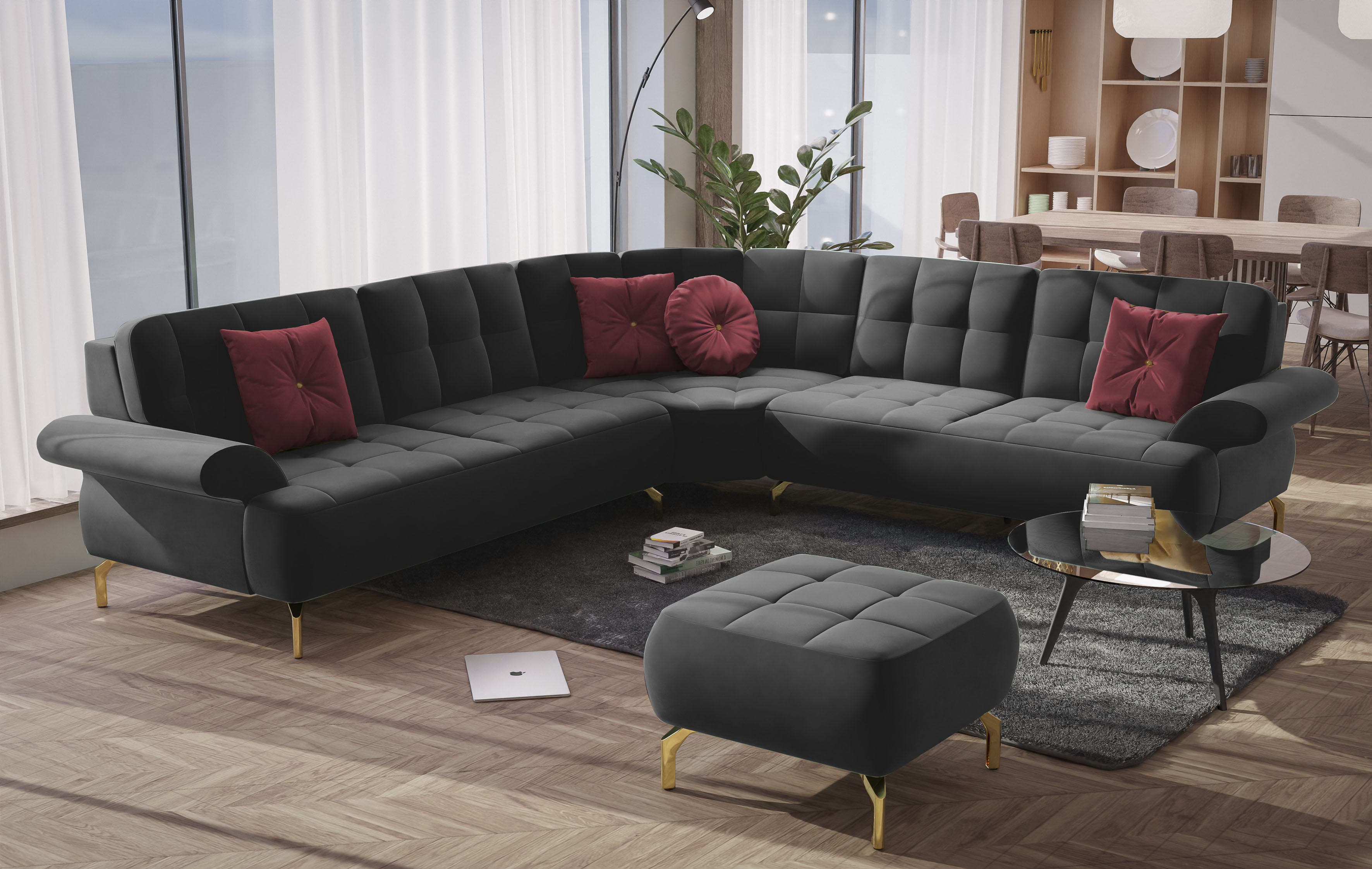 Ecksofa SIT & MORE "Orient 1 L-Form", schwarz, B:299cm H:88cm T:279cm, 100% Polyester, Sofas, inkl. 4 Zierkissen mit Strass-Stein, goldfarbene Metallfüße Image