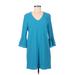 Charles Henry Casual Dress - Shift V Neck 3/4 sleeves: Blue Print Dresses - Women's Size Small