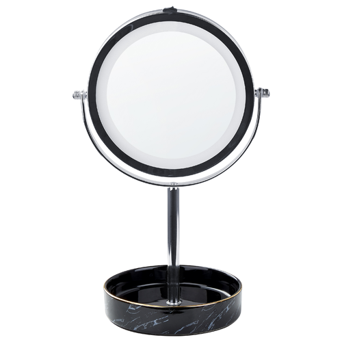 Kosmetikspiegel mit LED-Beleuchtung Silber u. Schwarz ø 26 cm aus Eisen u. Keramik Doppelseitig Vergrößerungsspiegel Schminkspiegel