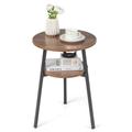 Costway 2-Tier Round End Table with Open Shelf and Triangular Metal Frame-Walnut