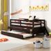 Low Loft Bed Twin Size with Full Safety Fence and Climbing ladder, Espresso Solid Wood Bed with Storage Drawers and Trundle