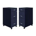 Home Square 3 Drawer Mobile Metal Filing Cabinet Set in Navy (Set of 2)