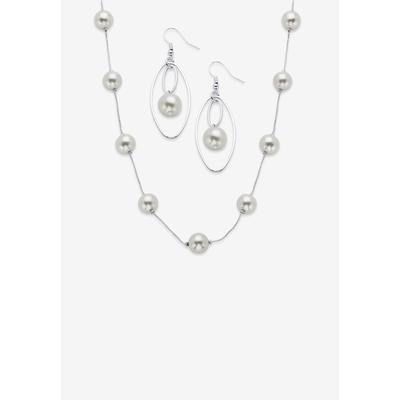 Women's Simulated Pearl Silvertone 2-Piece Station Necklace And Drop Earring Set 18"-21" by PalmBeach Jewelry in White