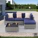 Latitude Run® Baylay 5 Piece Rattan Sectional Seating Group w/ Cushions Synthetic Wicker/All - Weather Wicker/Wicker/Rattan in Gray/Blue | Outdoor Furniture | Wayfair