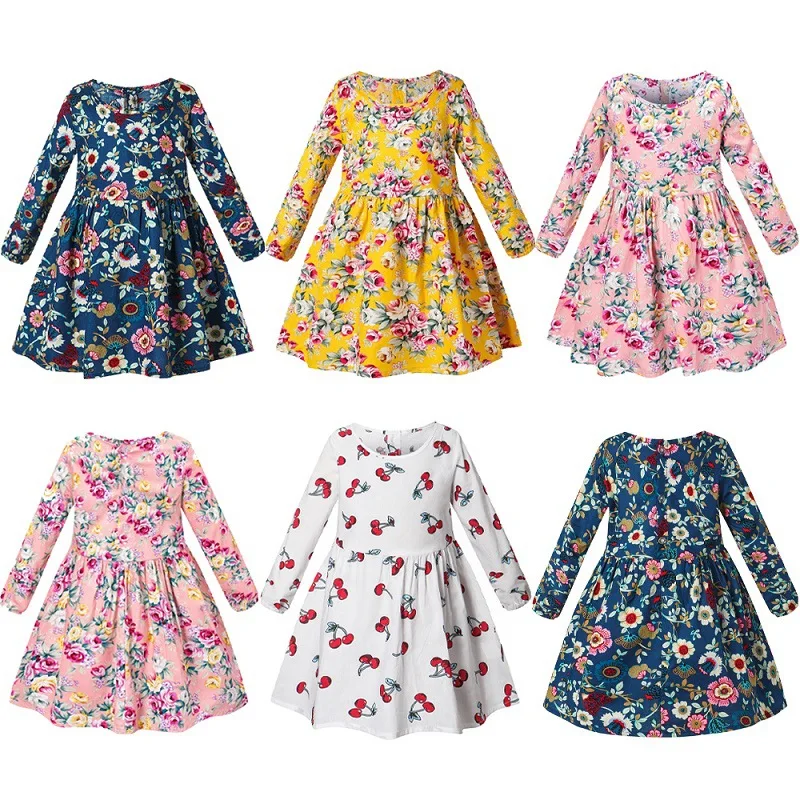 Robes en coton à manches longues pour filles, vêtements pour enfants, robe de bébé à imprimé fleuri, vêtements pour enfants, printemps, automne