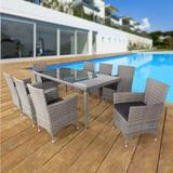 Grey 9 piece Outdoor Patio Wicker Furniture Dining Set Glass Top