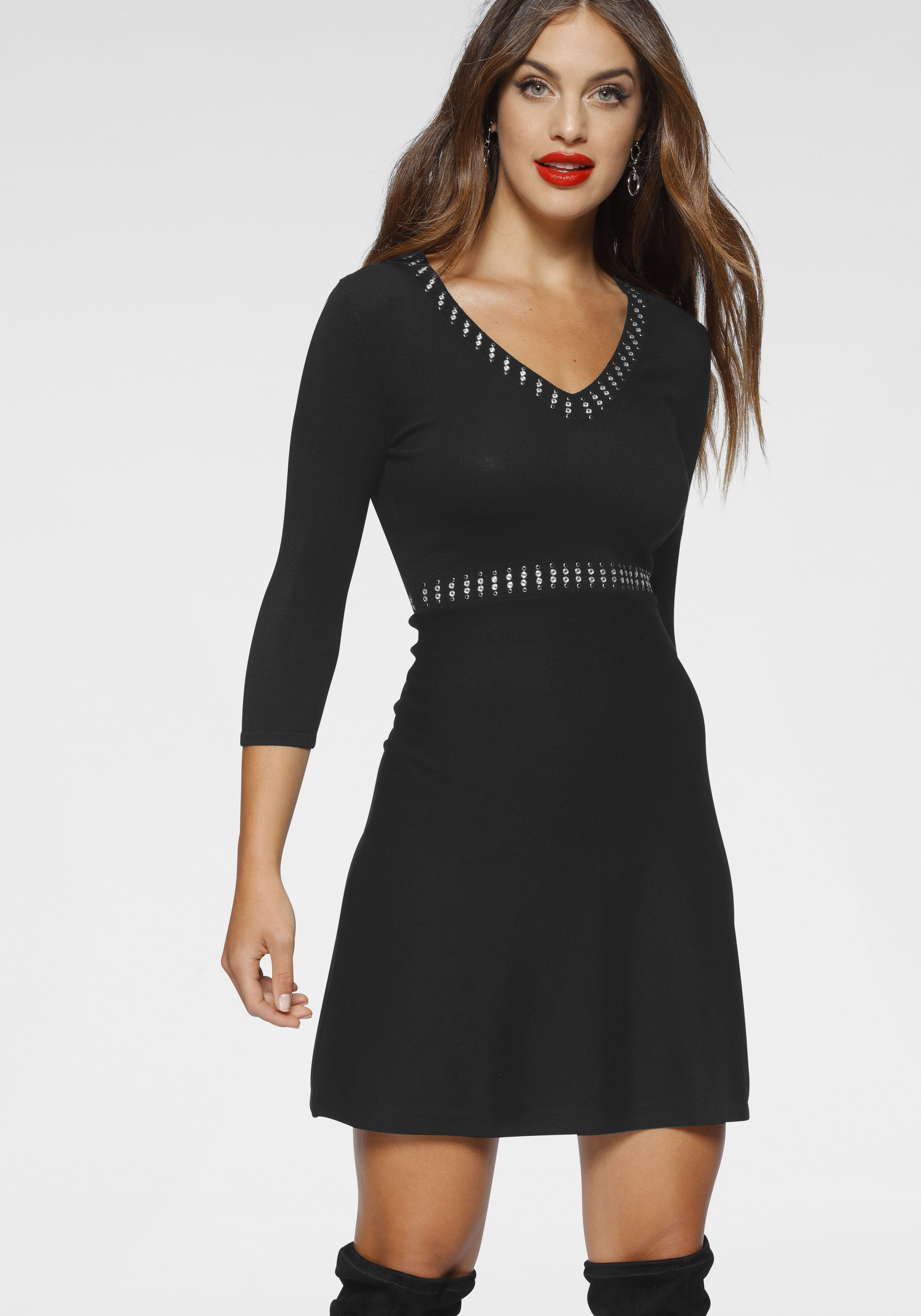 Strickkleid MELROSE, Damen, Gr. 36, N-Gr, schwarz, Feinstrick, Obermaterial: 75% Viskose, 25% Polyamid, Glitzerstreifen, unifarben, tailliert mini, tiefer V-Ausschnitt, eng, Kleider, feminines Mini Kleid mit ausgestelltem Rock und V-Neck Image