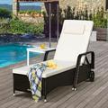 Coelon Patio Wicker Chaise Lounge with Armrests Outdoor PE Rattan Lounge Chair on Wheels with Adjustable Backrest Beige