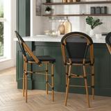 Merrick Lane Set of Two Stacking French Bistro Style Counter Stools with Black Textilene Seat and Bamboo Finished Metal Frame for Indoor/Outdoor Use