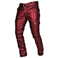 ALSLIAO Men Punk PU Leather Pencil Pants Slim Motorcycle Trousers Solid Color Plus Size Wine Red 4XL