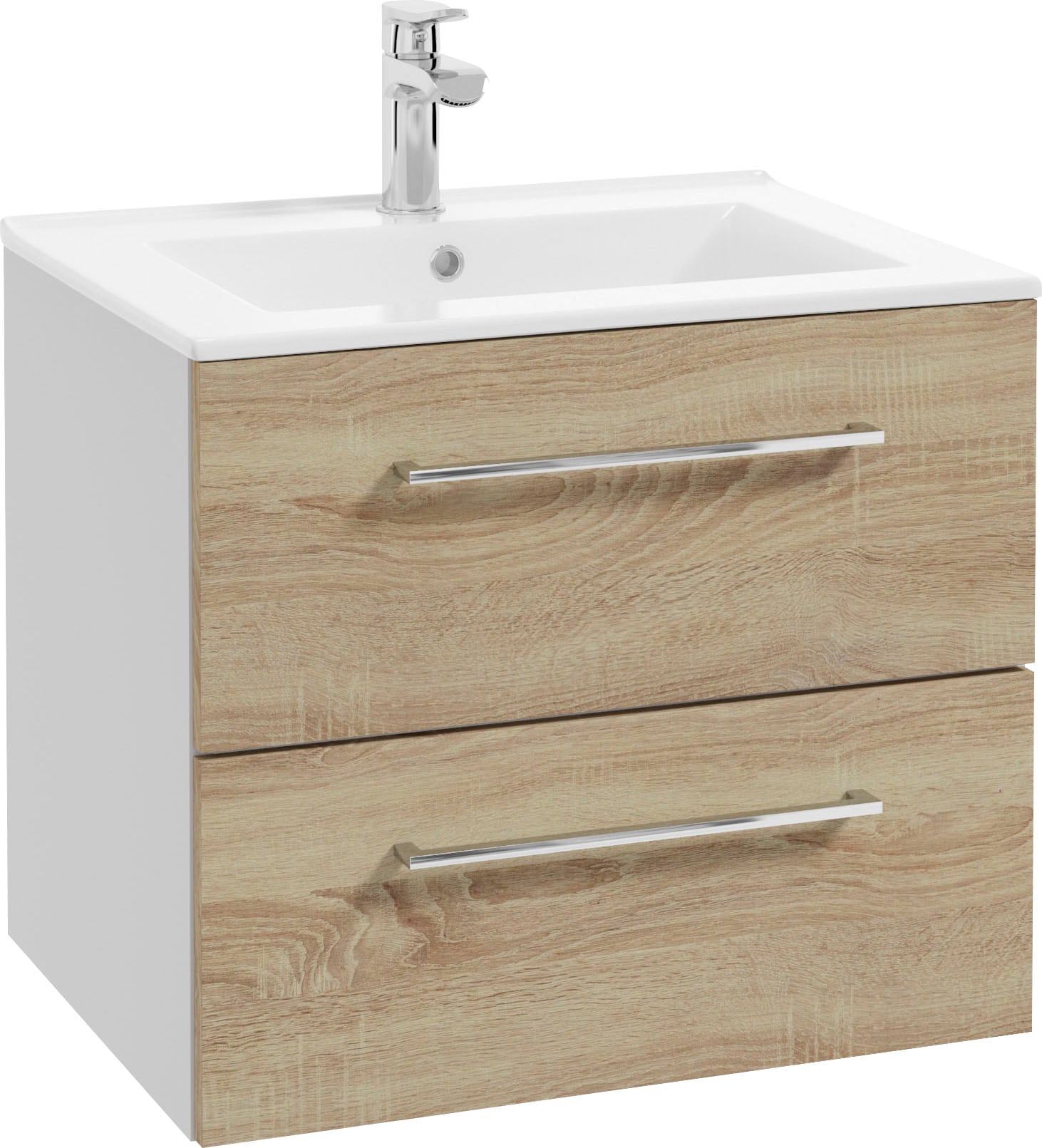 Waschtisch WELLTIME "Palermo", braun (eichefarben, weiß), B:60cm H:50cm T:45cm, Spanplatte, Waschtische, Badmöbel inkl. Waschbecken, Breite 60cm