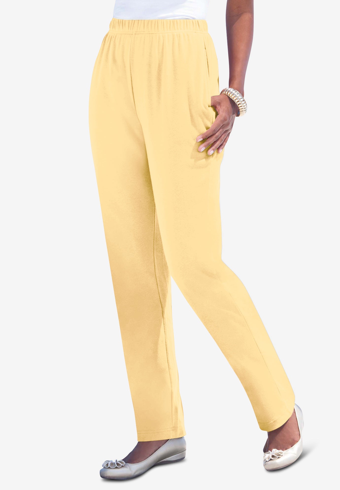 Plus Size Women's Plus Size Straight Leg Soft Knit Pull On Pant by Roaman's in Banana (Size 2X) Pull On Elastic Waist