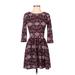 Dee Elle Casual Dress - Fit & Flare: Burgundy Argyle Dresses - Women's Size Small