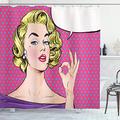 Abakuhaus Vintage Shower Curtain, Pop Art Blonde Woman Making OK Sign on Dotted Background Retro Comic Book Design, Cloth Fabric Bathroom Decor Set with Hooks, 70 Inches, Multicolor