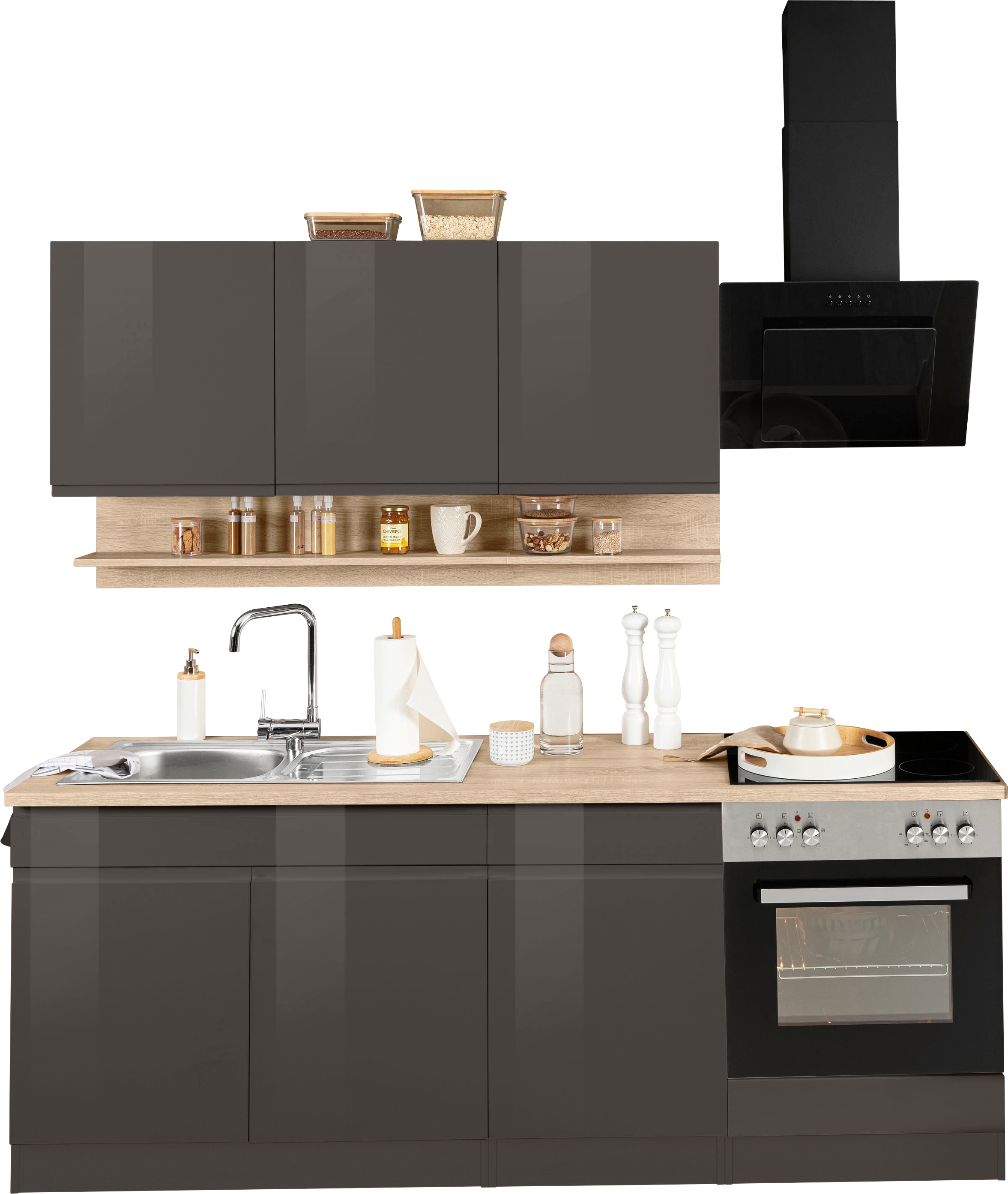 Küchenzeile KOCHSTATION "KS-Virginia", braun (küche: grau, front: grau hochglanz, korpus: graphit, arbeitsplatte: eiche sonoma), B:210cm T:60cm, Komplettküchen-Sets, Küchenzeile, Breite 210 cm, mit oder ohne E-Geräte