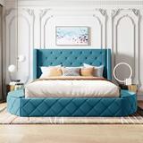 Queen Size Upholstered Platform Bed with Wingback Headboard and 1 Big Drawer,2 Side Storage Stool