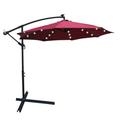 10ft Large Outdoor UV Protection Umbrella Patio Offset Hanging Umbrella with Solar Panel 24 LED Bulbs Cross & Crank Base LED Lighted Patio Umbrella for Yard Garden Poolside Deck Burgundy D102