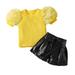 Cute Baby Girls Outfits Clothes Set Summer Puff Sleeve Tops Pu Leather Shorts 2Pcs Suit Children Clothing Kids Outfits For 12-18 Months
