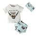 Toddler Outfits Sets For Teens Girl Animal Top Cartoon Blue Prints Shorts Headband 3Pcs Kids Clothes Suit