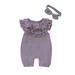 Baby Kid Girls Solid Sleeveless Jumpsuit Romper Headband Clothes Outfits For 12-18 Months