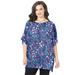 Plus Size Women's Smocked Neck Ruffle Sleeve Top by Catherines in Navy Textured Leaves (Size 3X)