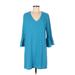 Charles Henry Casual Dress - Shift V Neck 3/4 sleeves: Blue Print Dresses - Women's Size Medium