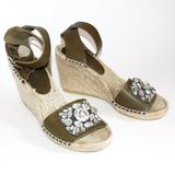 J. Crew Shoes | J. Crew Jeweled Vacchetta Olive Leather Espadrille Wedge Sandals | Color: Green/Tan | Size: 6