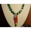 Large Natural 664.00 Carats Mexican Green Opal Gemstones With A Carnelian Gemstone Pendant & Lizard Accent .925 Sterling Silver Necklace
