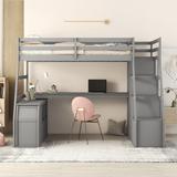 Twin Size Loft Bed with 7 Drawers and 2 Shelves, Wooden Loft Bed Frame with Desk Under Bed, Safety Guardrail for Kids Teens