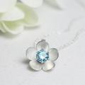 March Birthstone Aquamarine Cz Silver Flower Necklace, Silver