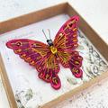 Beautiful Pink & Yellow Embroidered Butterfly Brooch With Glass Crystals Hand Painted Detail