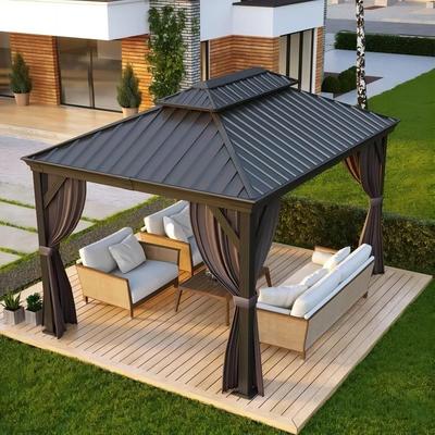 PURPLE LEAF Outdoor Galvanized Steel Hardtop Gazebo, Aluminum Frame Gazebo With Curtains