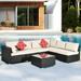 Modern Outdoor Patio Furniture 7-Piece PE Rattan Wicker Sectional Sofa Set with Cushions Pillows and Glass Coffee Table