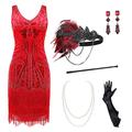 BABEYOND Damen Flapper Kleider 1920er Jahre V Ausschnitt Perlen Fransen Great Gatsby Kleid, Set – Rot, S
