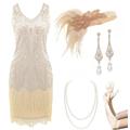 BABEYOND Damen Flapper Kleider 1920er Jahre V-Ausschnitt Perlen Fransen Great Gatsby Kleid, Set - Beige, XS