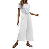 Mrat Womens Pants Full Length Pants Fashion Ladies Solid Buttons Cotton And Linen Casual Loose Trouser Wide Leg Pants Youth Baseball Pants White XXL