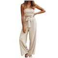 Mrat Pants For Women Trendy Fashion Jumpsuit Ladies Summer Casual Lace Up Open Back Panel Slim Fit Straight Pants Set Jogging Pants Female Beige S