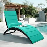 Sofeim GO Patio Wicker Sun Lounger PE Rattan Foldable Chaise Lounger with Removable Cushion and Bolster Pillow Black Wicker and Turquoise Cushion