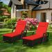 2PCS Patio Rattan Lounge Chair Chaise Recliner Adjust withRed & Off White Cover