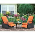 Arttoreal 3PCS Rattan Wicker Adjustable Recliner Chair with Cushion and Glass Top Side Table Orange