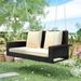 2-Seat Hanging Porch Swing Outdoor All Weather Rattan Swing Bench with Chains Heavy Duty Hammock Bench Chair with Beige Cushions Ideal for Backyard Balcony Deck Brown D7403